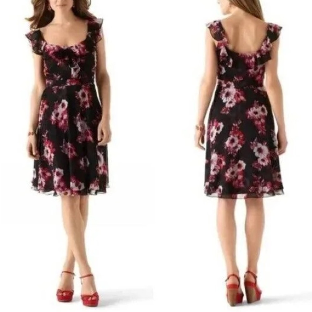 WHBM Black Floral Print Chiffon Ruffled Lightweight Midi Summer Party Dress
